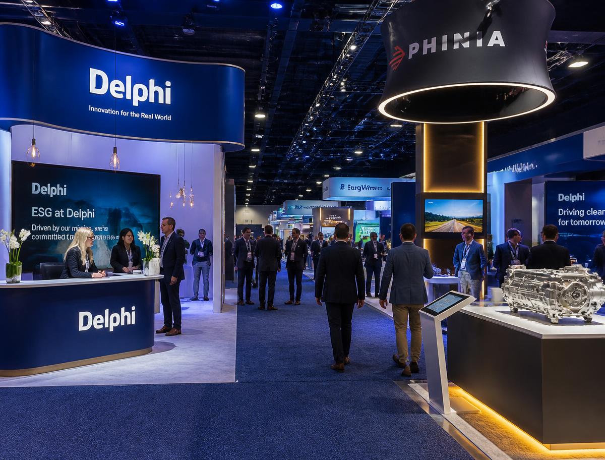Visitors walking through branded booths at a trade exhibition