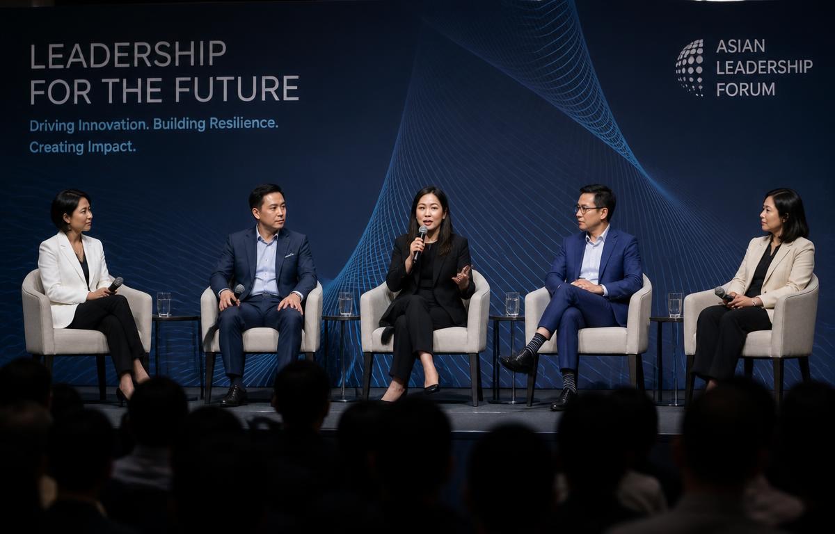 Leadership panel discussion on stage at a business forum